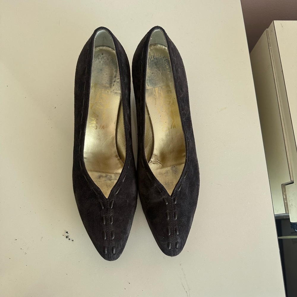 Vintage Salvatore Ferragamo Black Suede Heels